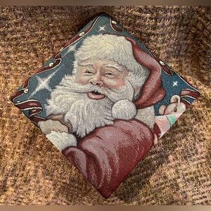 Vintage Needlepoint Santa Christmas Foot Stool, metal legs. 12” square, 8” tall